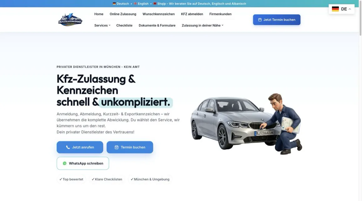 Startseite von blitzzulassung.com
